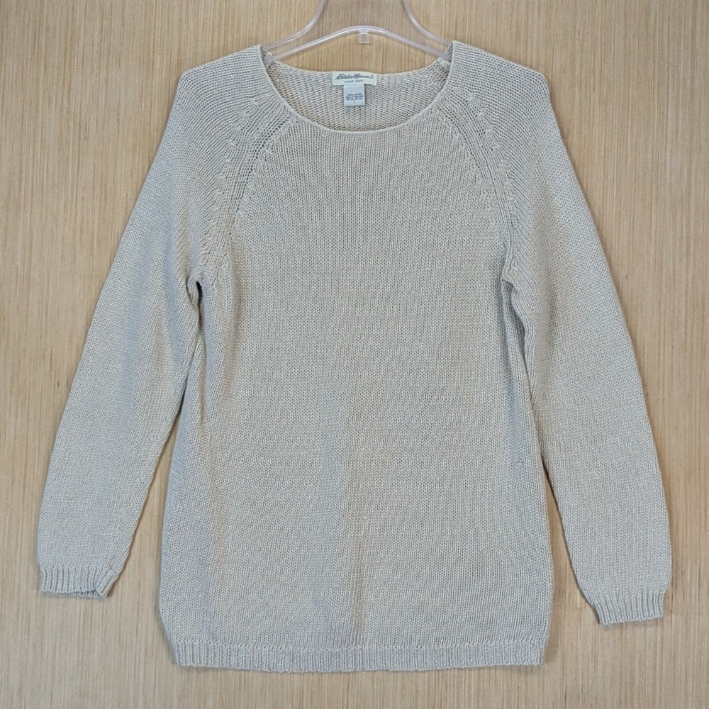 Eddie Bauer Womens Boho Minimalist Granola Knit Sweater Large Tan Neutral Cotton